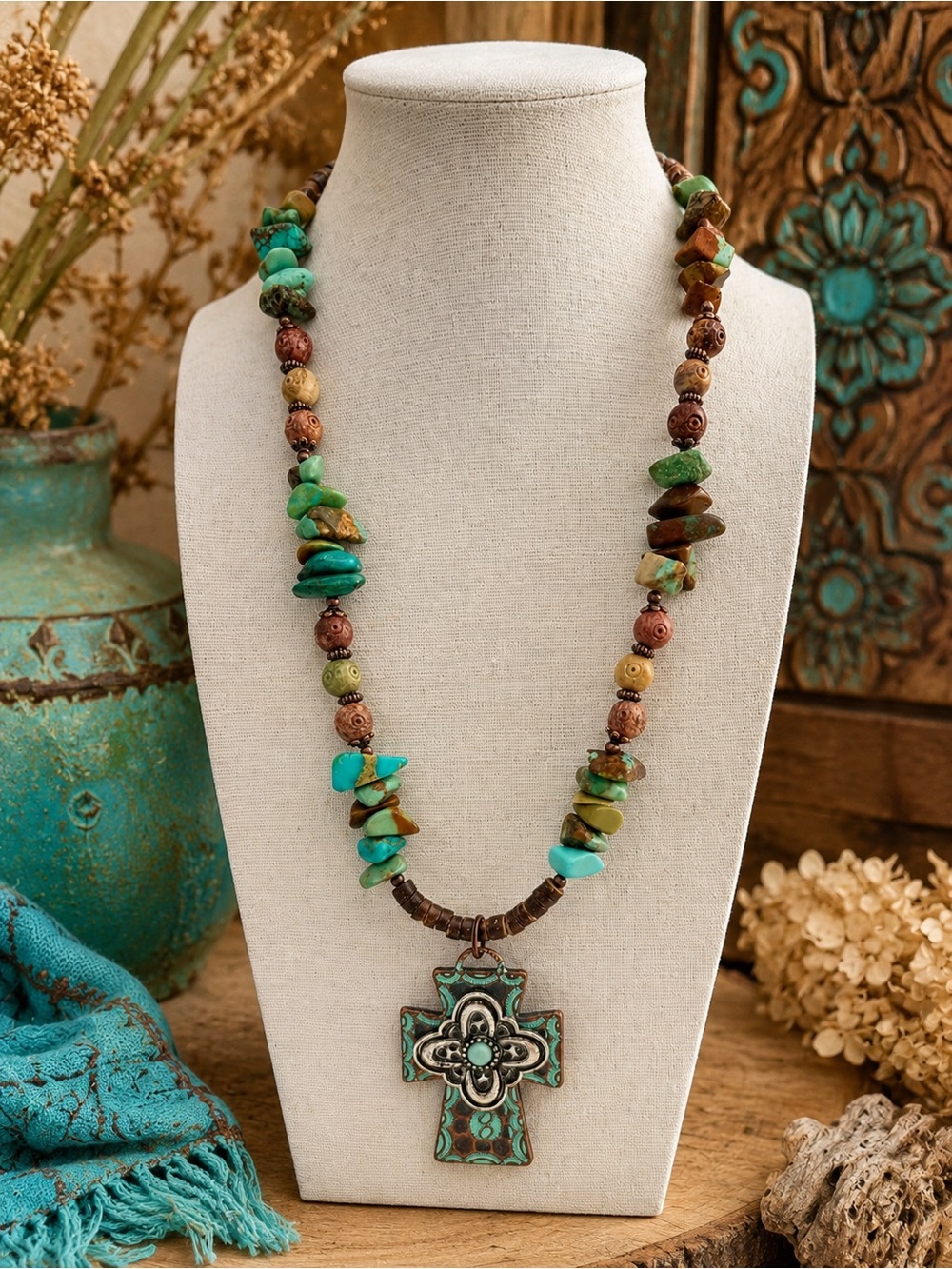 Artisan Turquoise Soapstone Cross Necklace Copper Heishi 20”All Vintage bead 77g